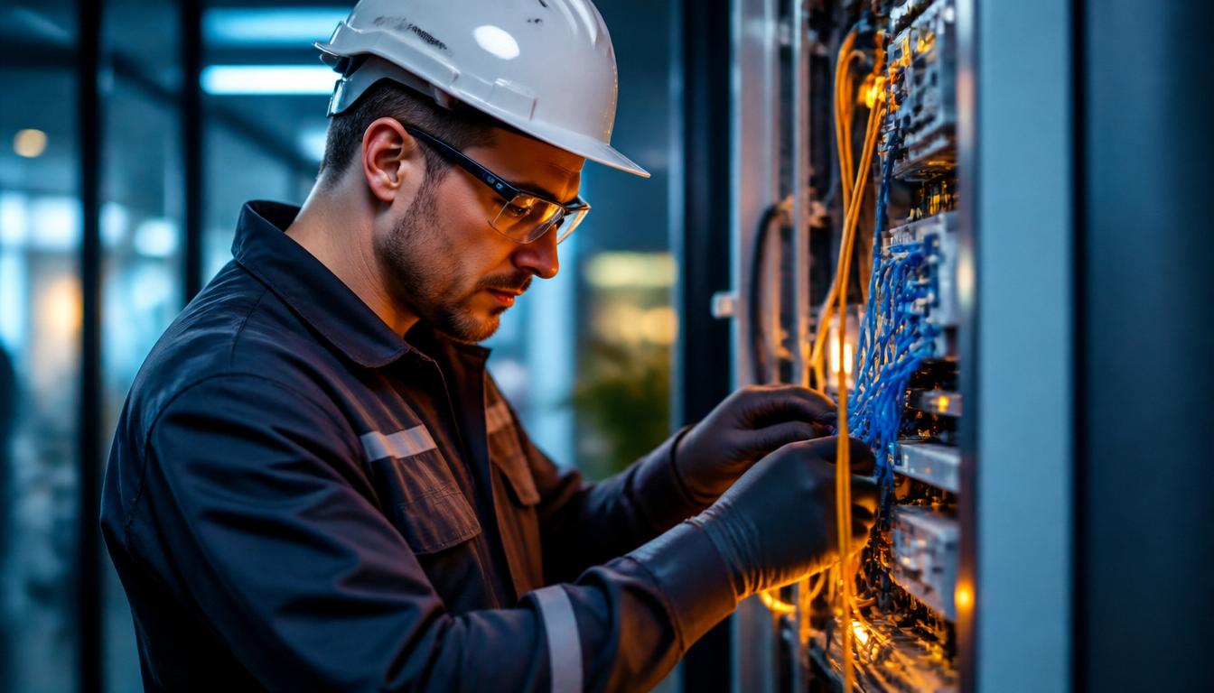 Técnico profesional trabajando en instalación de redes y electricidad
